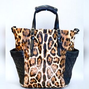 Jimmy Choo Blare Leopard Print Pony Hair + Leather Tall Tote Shoulder Handbag